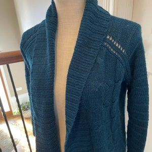 Talbots teal long open weave cable stitch cardigan